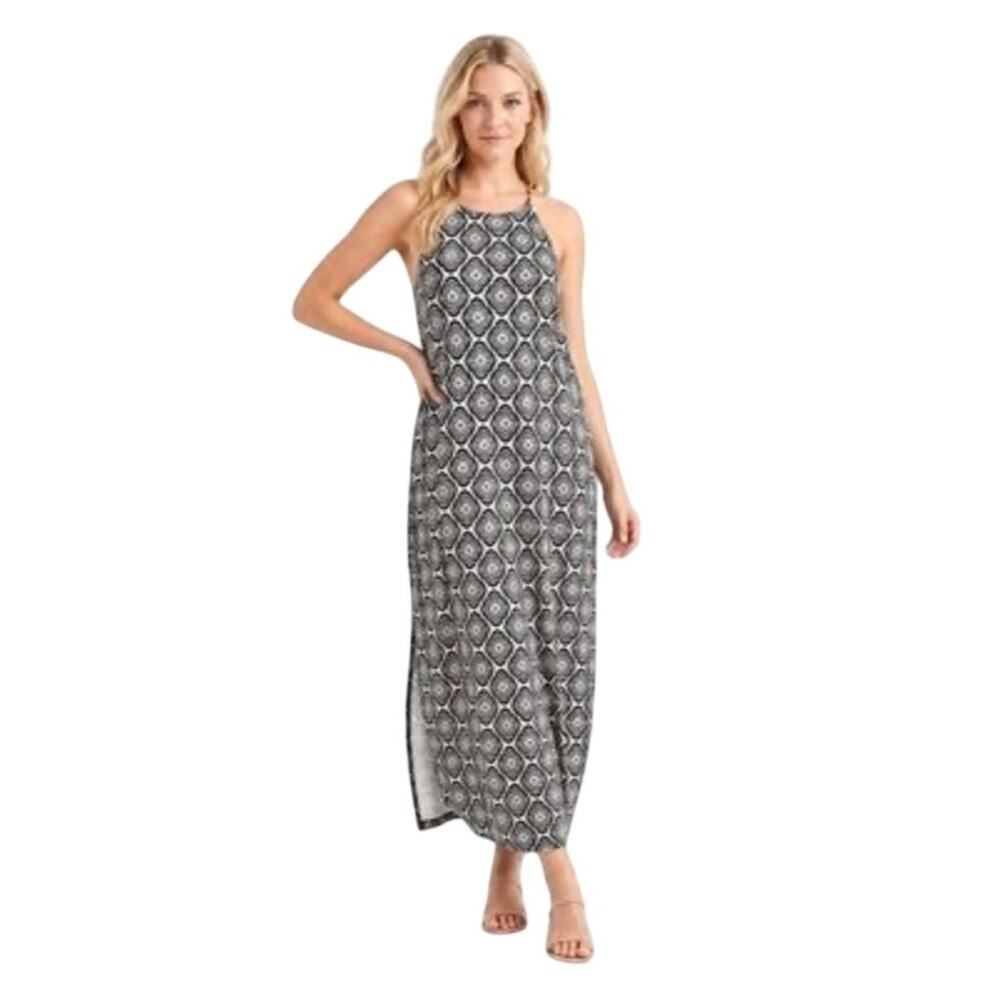 Boden Maxi Dress US 12R Black White Geometric Print Sleeveless Jersey Boho